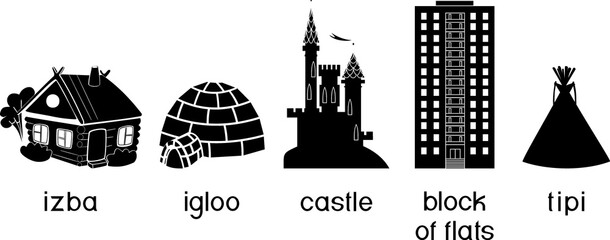Black silhouette of different types of residential buildings isolated on white background