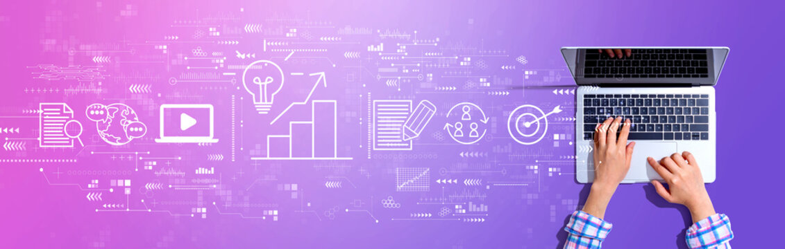 Content marketing concept with woman using a laptop computer