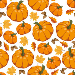 Seamless autumn pattern with bright pumpkins, leaves and acorns on a white background. Hand drawn pattern in flat style. Wallpaper, textile printing, wrapping paper, page filling, cover, web