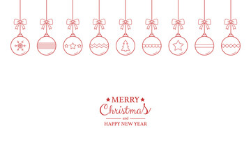 Xmas greeting card with simple baubles and wishes. Christmas ornaments concept. Vector