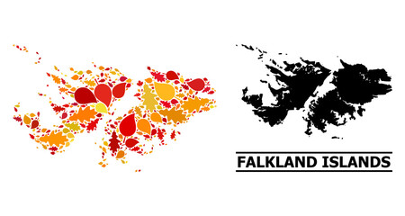 Mosaic autumn leaves and usual map of Falkland Islands. Vector map of Falkland Islands is designed of randomized autumn maple and oak leaves. Abstract territory plan in bright gold, red,