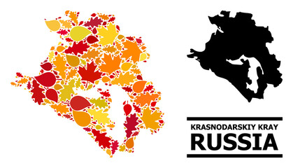 Mosaic autumn leaves and usual map of Krasnodarskiy Kray. Vector map of Krasnodarskiy Kray is constructed from randomized autumn maple and oak leaves. Abstract territorial plan in bright gold, red,