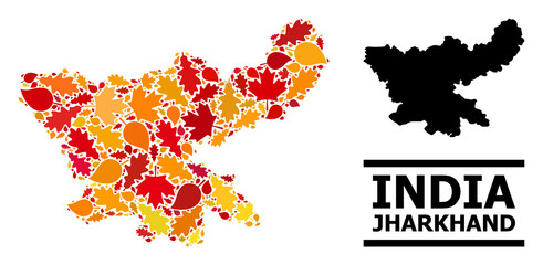 Mosaic autumn leaves and usual map of Jharkhand State. Vector map of Jharkhand State is designed with scattered autumn maple and oak leaves. Abstract geographic plan in bright gold, red,