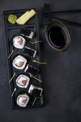 Sushi rolls with tuna and caviar, Japanese cuisine