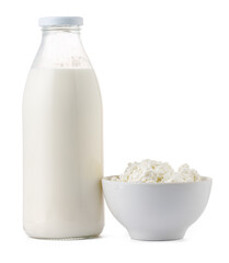 Fresh dairy products milk and cottage cheeese isolated on white