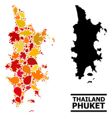 Mosaic autumn leaves and usual map of Phuket. Vector map of Phuket is done from randomized autumn maple and oak leaves. Abstract territorial scheme in bright gold, red, brown colors for map of Phuket.