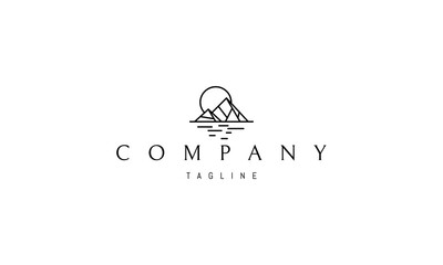 Vector logo on which an abstract image of mountains on a sunset background.