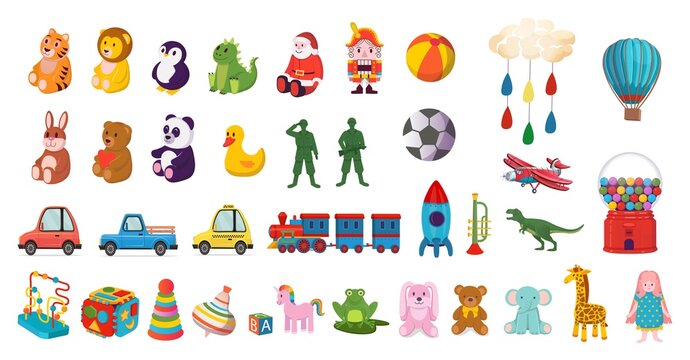 Big set of colorful toys for children. Cartoon vector illustration.