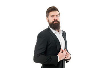 Inspiring confidence. Confident businessman isolated on white. Bearded man with confident look. Successful business owner. Confident in business success. Confident and competent
