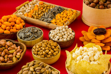Large group nuts with roasted peanut,chickpea,pistachio,hazelnuts,pop corn,potato chips,sunflower...