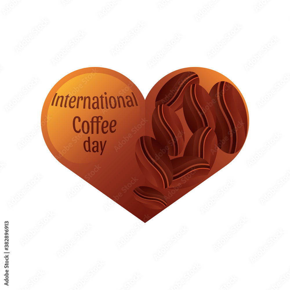 Wall mural happy international coffee day label on a heart and coffee beans