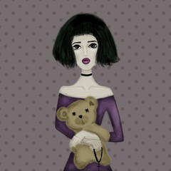 young girl with bear at home hand gothic illustration