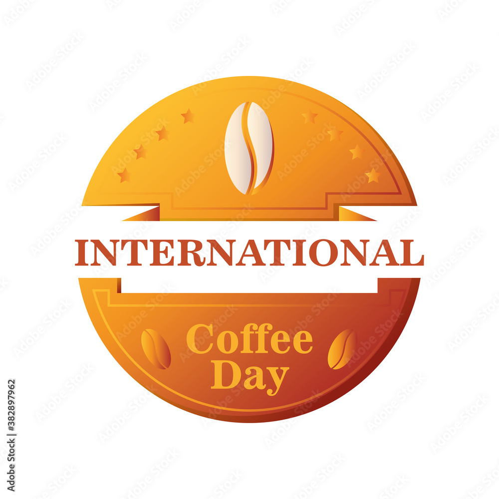 Poster international coffee day label with decorative ribbon and coffee beans