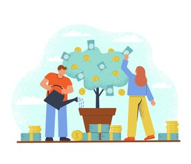 Businesswoman picking cash from money tree and businessman watering it. Financial growth concept.Flat vector illustration.