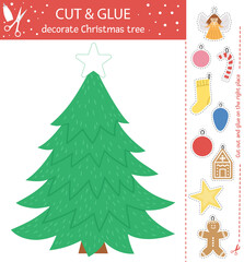 Vector Christmas cut and glue activity. Winter educational crafting game with cute toys, gingerbread, stocking. Fun activity for kids. Decorate fir tree.