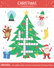 Vector Christmas crossword puzzle for kids. Simple quiz with winter holiday objects for children. Educational activity with traditional New Year elements, Santa, deer, tree, present.