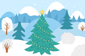 Vector winter forest background with trees, snow, mountains. Funny woodland Christmas scene with. Flat New Year landscape illustration for children..