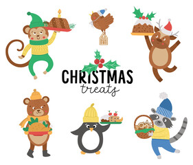 Cute vector animals in hats, scarves and sweaters with traditional Christmas dishes. Winter set of characters with food. Funny Christmas card designs. New Year print.