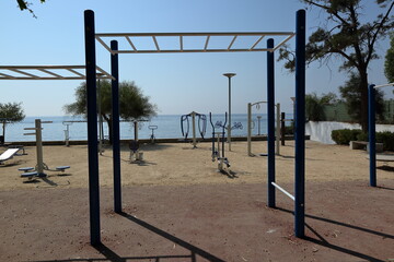 Outdoor gym on seaside, view at sea