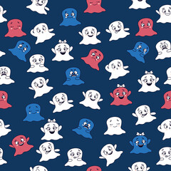 Halloween pattern. Seamless pattern with cute little cartoon ghosts. White, blue and red ghosts with different emotions on a blue background. Vector. Template for paper, textile, decoration 