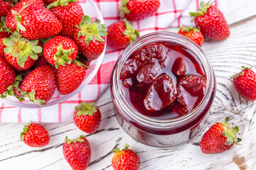 Homemade delicious strawberry jam and fresh strawberry