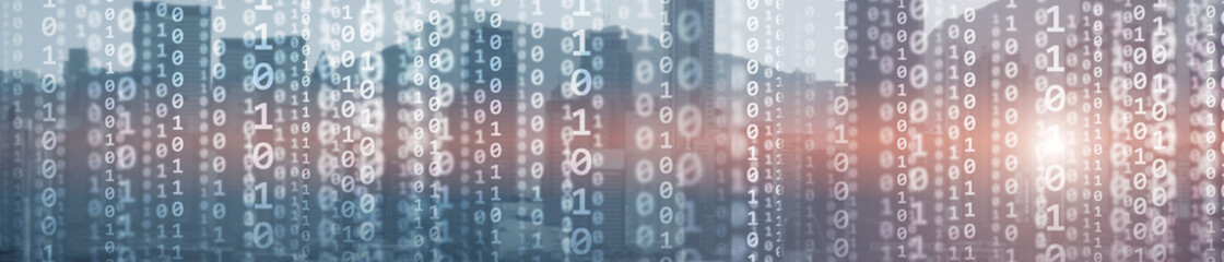 Binary computer code virtual city skyline. Matrix Mixed Media Background.