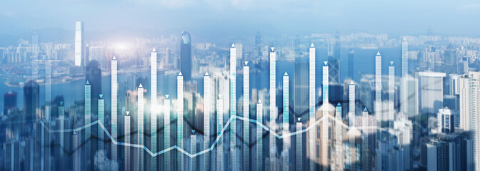Fototapeta na wymiar Financial growth chart graph diagram analysis big data trading investment concept. city view skyline website header banner double exposure.