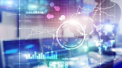 Business intelligence BI Key performance indicator KPI Analysis dashboard transparent blurred background.