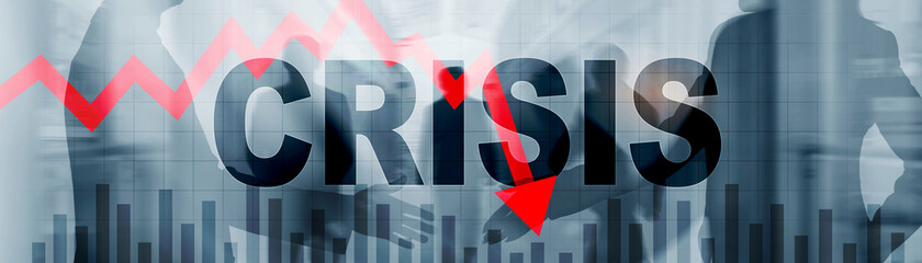 Naklejka premium Crisis and red arrow down on abstract website banner.