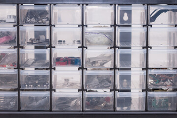 Plastic box tool organizer for nails, screws, bolts and other details.
