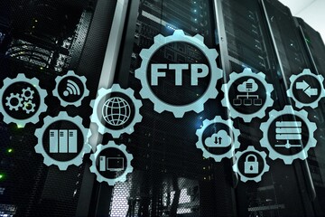 FTP. File Transfer Protocol. Network Transfer data to server on supercomputer background.