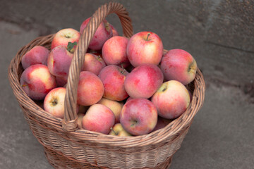 Fresh ripe red apples in a wicker basket. Autumn harvest