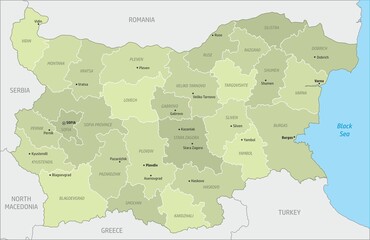 The Bulgaria map divided in regions with some of the main cities