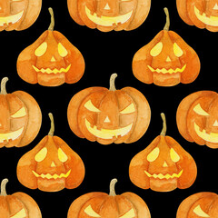 Seamless pattern with watercolor hand painted pumpkins. For halloween greeting cards, invitations, covering, decoration, napkins, textile, linen, clothes, costumes, wrapping