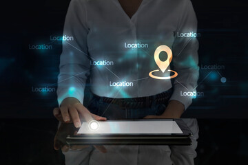 Business woman works on digital screen about Location