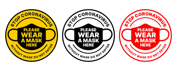 Wear a face mask before entrance. Door plate on the facade door. No mask no entry. Preventive measure against infection with COVID-19 (coronavirus). Illustration, vector