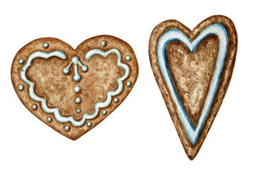 Christmas gingerbread heart cookies set, winter holiday sweet food. Watercolor illustration isolated on white background. Xmas gift and tree decorations. Greeting card design concept