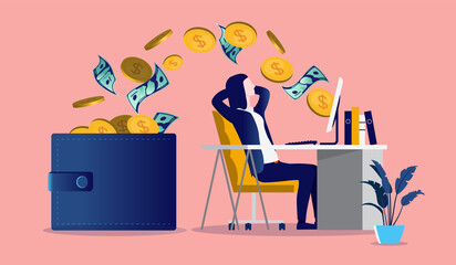 Fototapeta na wymiar Woman getting paid from online work - Female person relaxing in chair with computer paying money in her wallet. Passive income, internet salary and earning money concept. Vector illustration.