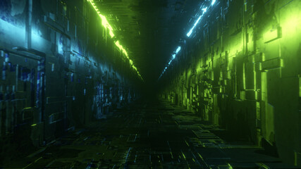 Endless flight in a futuristic metal corridor with neon lighting. Technology and future concept....