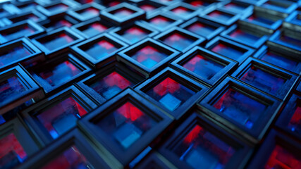 Abstract background from metal cubes with random offset effect. The glass inside the cubes reflects...