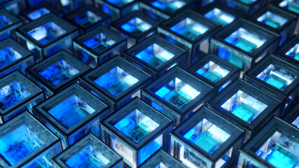 Abstract background from metal cubes with random offset effect. The glass inside the cubes reflects...