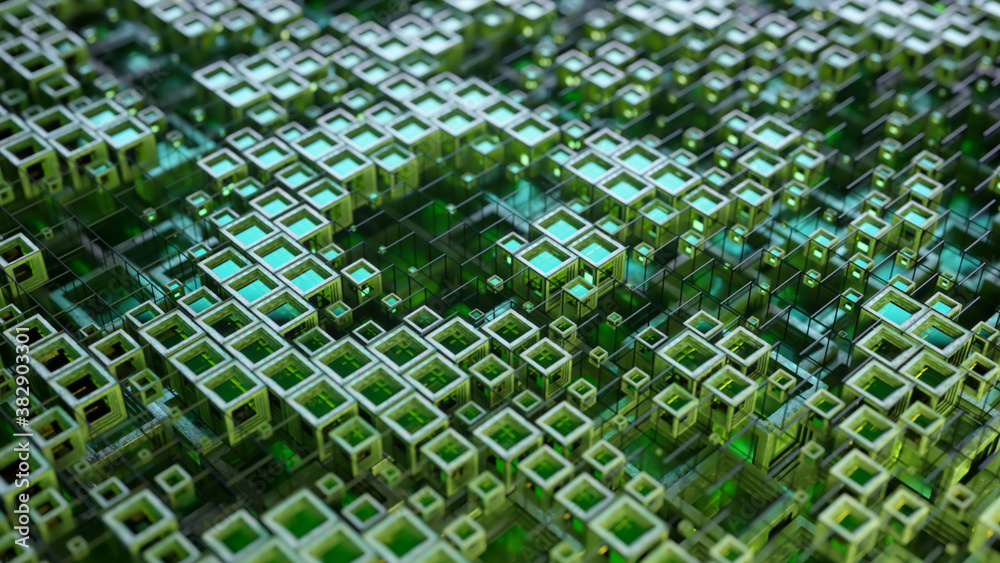 Poster 3d illustration of colorful glass rows of cubes floating through the prog, creating an abstract grap