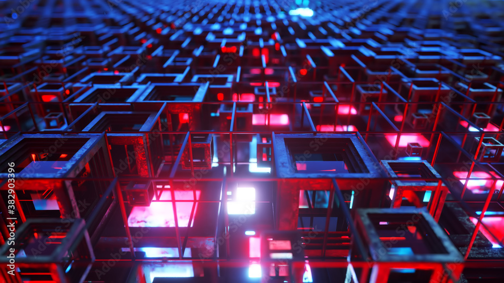 Poster 3d illustration of colorful glass rows of cubes floating through the prog, creating an abstract grap