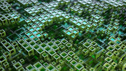3d illustration of colorful glass rows of cubes floating through the prog, creating an abstract graphic background technology texture. Green blue color