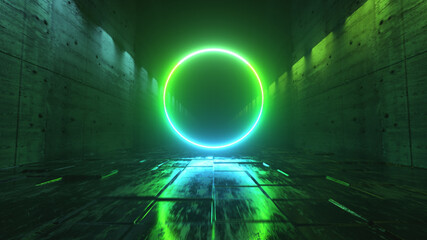 Endless flight in a futuristic dark corridor with neon lighting. A bright neon circle in front. 3d...