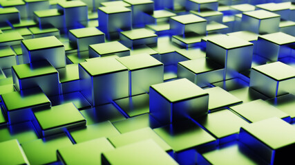 Abstract blue green metallic background from cubes. Wall of a metal cube. 3d illustration
