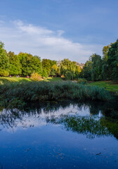 City park in the warm and sunny day during the autumn season. Landscape fulfilled of sunlight