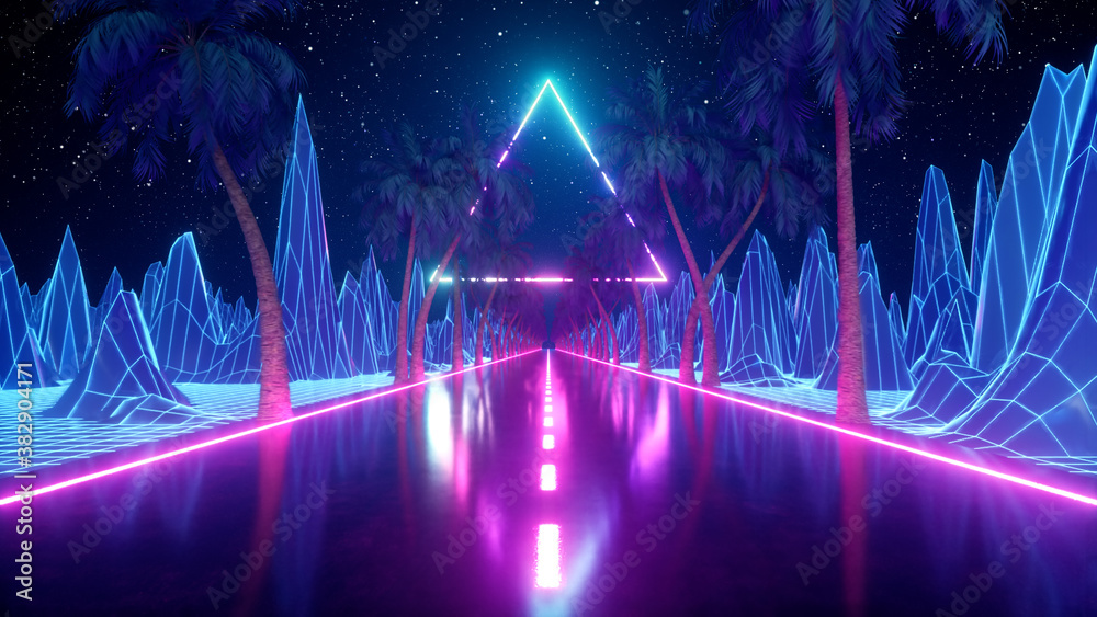 Wall mural 80's abstract retro futuristic background. beautiful 3d illustration with ultraviolet neon triangle 