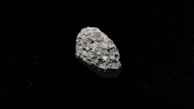 Asteroid in space. Stars twinkle. The asteroid flies from afar, flies near the camera and flies away. Starry sky. 4K. 3d rendering.