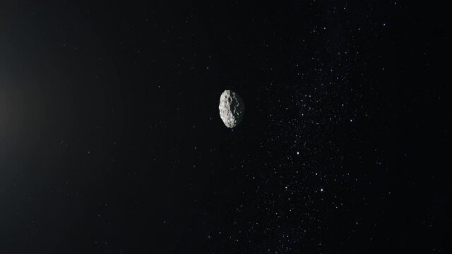 The asteroid flies and rotates in space. The asteroid appears on the screen and flies away quickly. Starry sky. 4K. Stars twinkle. 3d rendering.